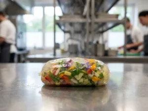 Alginate casing with fresh ingredients, lightly steaming on stainless steel, industrial kitchen reflections, photorealistic detail.