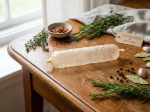 Alginate casing on wooden table with fresh herbs and spices, symbolizing sustainability, daylight casting shadows, realistic textures.