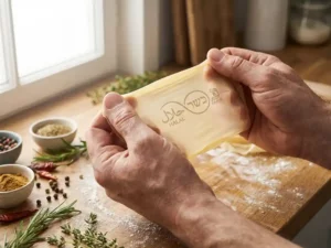 Hands examining alginate casing with halal and kosher symbols, wooden counter, herbs, and spices in soft natural light.