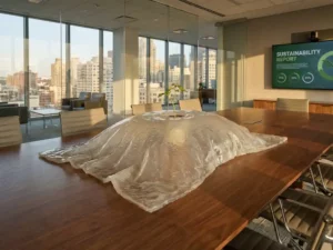 Alginate casing with green plant symbolizes sustainability on a table, cityscape view from high-end office, sunlight streaming through windows.