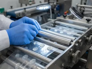 Technician adjusts shiny alginate casing system on assembly line; gloved hands, glistening droplets, industrial lighting, machinery.