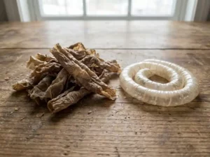 Natural alginate casings on wooden table beside shiny animal casing, highlighting texture contrast in soft natural light.