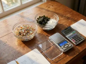 Polished wooden table with transparent bowls of alginate casings, seaweed, calcium; digital scale, calculator, sunlight shadows.