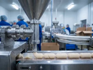 High-speed filling line with stainless steel machinery, alginate casings filled precisely, blurred factory workers in background.