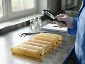 Technician inspecting alginate casings on lab table, different shades and textures, natural light, shallow depth of field.