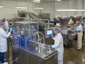 Alginate co-extrusion machine in modern food production line, workers in uniforms, contrasting with traditional sausage casing system.