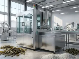 Advanced industrial machine with alginate casing mechanism, gleaming metallic precision, surrounded by seaweed and polymers in sunlight.