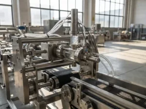 Alginate co-extrusion nozzle on industrial conveyor in sunlit factory, surrounded by stainless steel and rubber components.