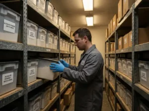 Lab technician inspects labeled alginate powder container on organized industrial shelving, soft shadows enhance rich textures.