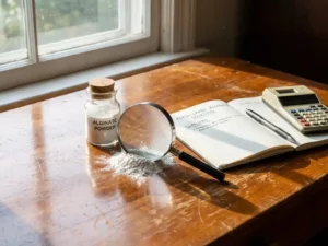 Glass jar of alginate powder on wooden table with magnifying glass, calculator, and notebook in natural sunlight.