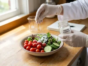 Food scientist sprinkling alginate powder over vibrant salad on rustic table, natural light highlighting textures and colors.