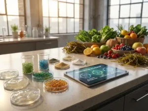 Close-up of alginate samples on a laboratory table with a digital tablet, vibrant fruits, and natural sunlight streaming through windows.