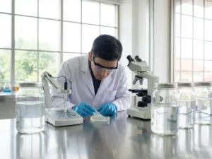 Scientist examining alginate in a lab with a pH meter, microscope, and containers of alginate on a steel table, natural light streaming in.