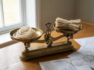 Balance scale with alginate and collagen casings on a wooden table, cost analysis papers, and daylight shadows.