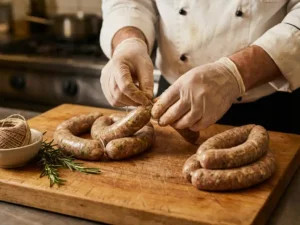 Chef's hands expertly prepare sausages in transparent alginate casing on a rustic board, detailed textures under soft kitchen lighting.
