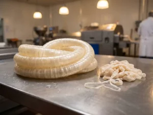 Collagen casings on stainless steel table, glistening under lights, with water droplets and natural depth for realistic texture.