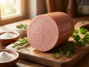 Close-up of glossy emulsified sausage on wooden board, with alginate powder and herbs, in soft natural lighting.