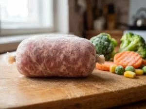 Frosted sausage link in alginate casing with colorful frozen vegetables on a wooden board, under soft natural light.