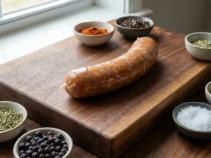 Luxurious glossy sausage with alginate casing on a wooden board, surrounded by gourmet spices and herbs, in soft natural lighting.
