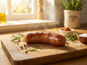 Grilled sausage with glossy alginate casing on a wooden board with herbs, spices, and sunlight highlighting textures.