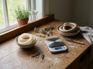 Wooden kitchen counter with alginate and collagen casings, digital scale, natural light casting shadows, photorealistic detail.
