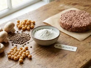 Raw meat analog patty with plant-based ingredients and alginate powder on rustic table, soft natural light, detailed textures