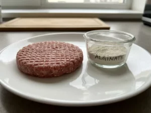 Portion-controlled meat patty with uniform texture on white plate, next to small bowl of alginate powder, in soft natural lighting.