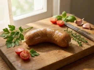 Organic sausage in alginate casing on wooden board with parsley, tomatoes, natural light, and detailed textures.
