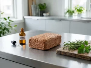 Plant-based meat block on steel counter with alginate solution, herbs on wooden board, in modern kitchen with natural lighting.
