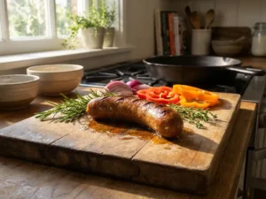 Plant-based sausage on a cutting board with herbs, bell peppers, and onions in warm kitchen sunlight.
