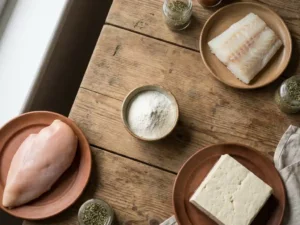 Raw protein sources like chicken, fish, tofu, and alginate powder on wooden table, highlighted by natural light.
