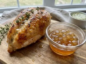 Roasted chicken breast on wooden board, juicy and golden-brown, with alginate beads nearby for moisture retention.
