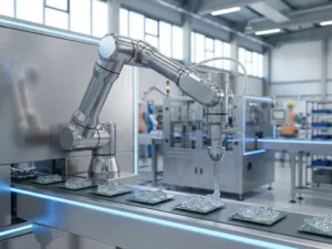 Robotic arm assembling components with precision in an industrial setting; alginate clusters dispensed on a conveyor belt.