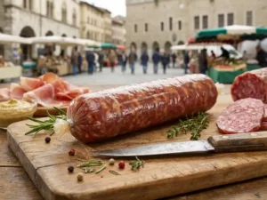 Glossy sausage with alginate casing on cutting board, surrounded by European meats, herbs, spices, soft daylight, market backdrop.