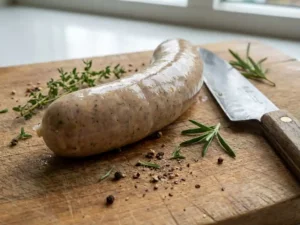 Fresh sausage with alginate casing on wooden board, surrounded by herbs and a chef's knife, under soft natural lighting.