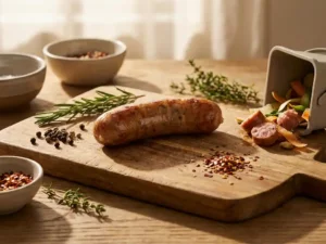 Succulent sausage with glossy casing on wooden board, surrounded by fresh herbs, spices, and trimmings under warm kitchen lighting.