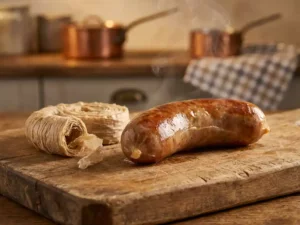 Sausage in glossy alginate casing on wooden board with unraveling traditional casing, steam rising, kitchen background blurred.