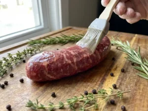 Raw beef sausage coated with alginate gel on wooden board, surrounded by fresh rosemary, black peppercorns, and natural lighting.