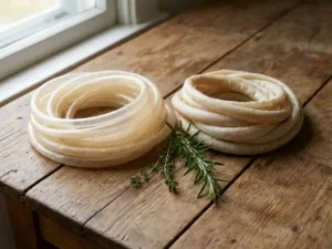 Alginate and collagen sausage casings on wooden table with herbs, detailed textures in soft natural light.