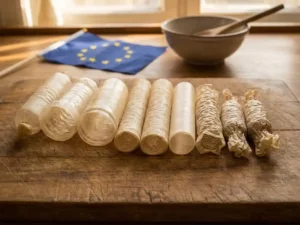 Close-up of various sausage casings on wooden board, EU flag in background, highlighting regulatory changes, warm natural light.
