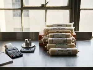 Stack of sausage casings on steel worktop with scale and calculator, soft natural light through large window, photorealistic detail.