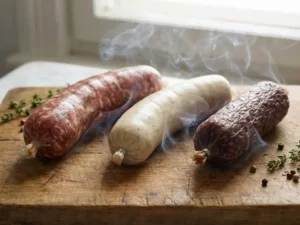 Close-up of three sausage casings filled with varied meats, smoke wisps highlighting texture on rustic wooden board.