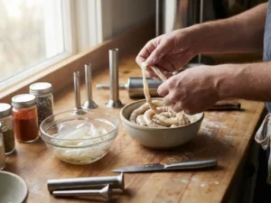 Hands handling collagen and alginate casings at a sausage-making workstation with tools and spices on a wooden countertop.