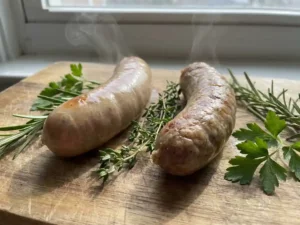 Two sausages on a wooden board, one smooth and one textured, with steam rising, surrounded by herbs in natural light.