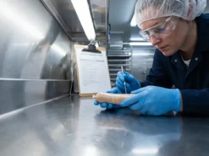 Food safety inspector examines alginate casing sausage on stainless steel counter, wearing gloves and hairnet, clipboard nearby.