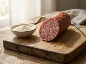 Freshly sliced sausage on wooden board, showing interior texture with moisture droplets; bowl of alginate powder nearby.