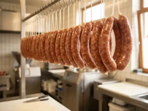 Gleaming sausages in shiny casings hang neatly in a modern industrial kitchen, with warm natural light enhancing the textures.
