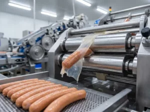 Automated sausage peeling machine with gleaming metallic surfaces, focusing on alginate casing removal, fresh sausages on tray.