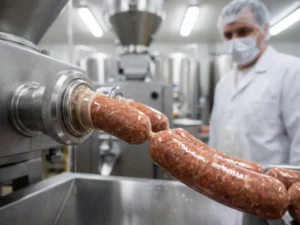 Alginate casings on sausage production line filled with meat, glossy under bright lights, worker in lab coat observes process.