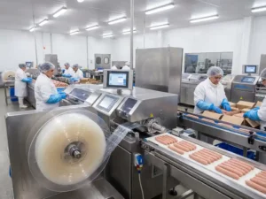 Alginate casings feeding into a sausage machine, workers in white coats operating amid gleaming stainless steel surfaces.